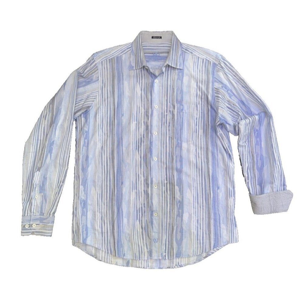Bugatchi UOMO mens shirt Classic Fit, Blue Camo, 80% cotton & 20 % Linen